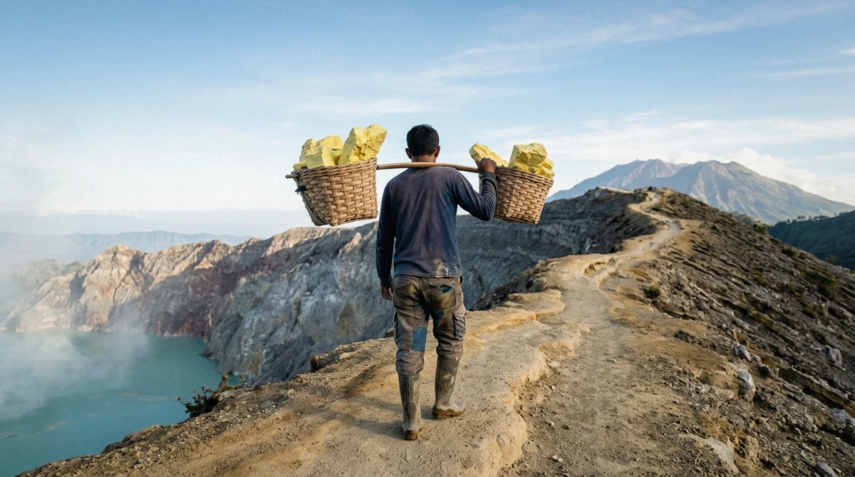 A sulfur miner carrying loaded baskets up the Ijen rim trail, the working mine behind the Mount Ijen entrance fee